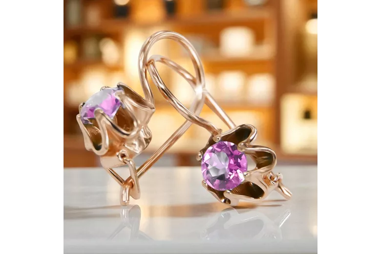 14K розово червено злато 14k 583 Amethyst Обеци vec013 Руски Съветски СССР Винтидж бижута Ар-деко style